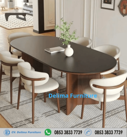 Meja Makan Oval Jati Kaki Kayu Ve
