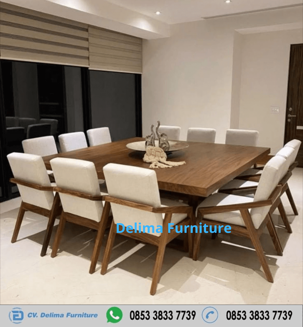 Meja Makan Kayu Solid Persegi 12 Kursi
