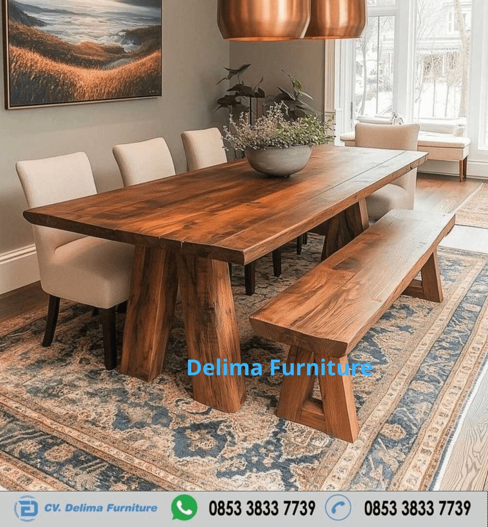 Set Meja Makan Kayu Solid 1 Bangku 3 Kursi