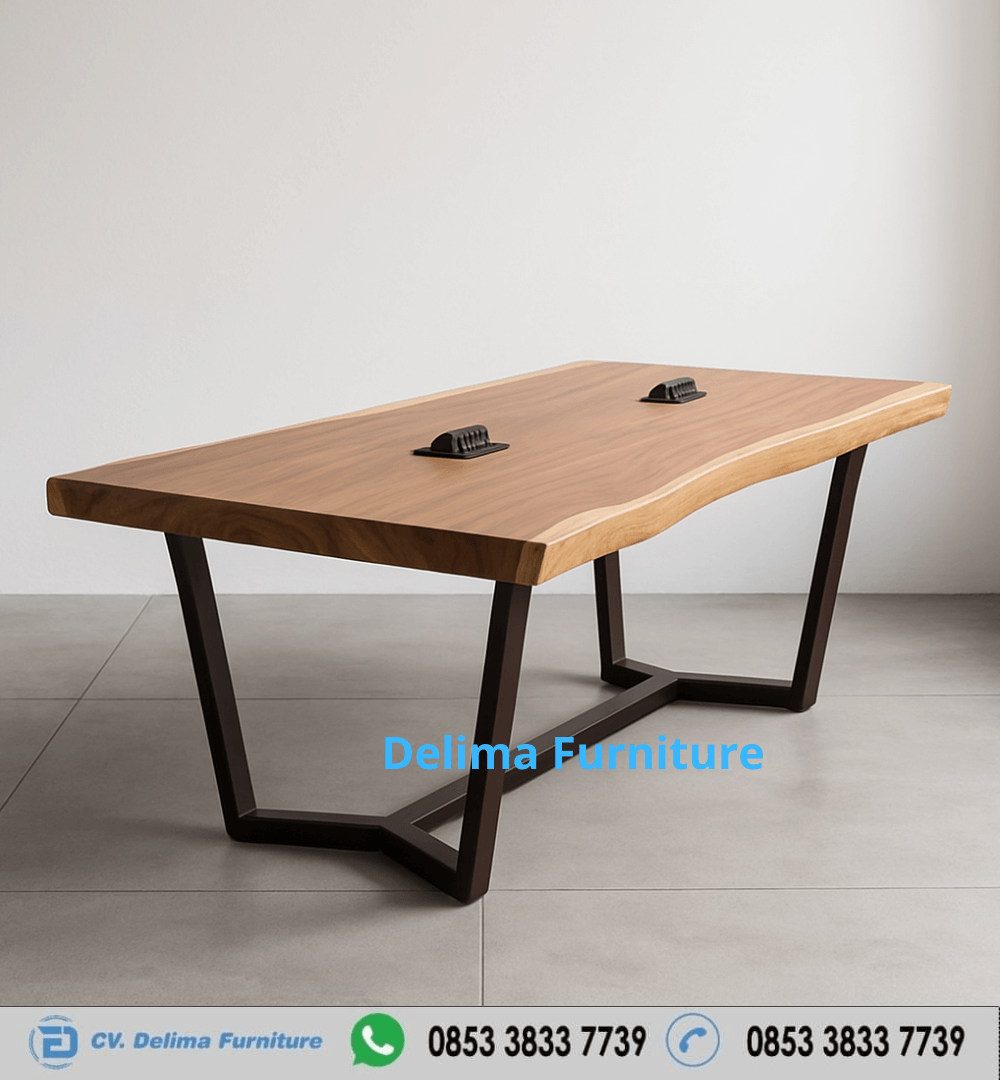 Meja Meeting Kayu Solid Kaki Besi Modern
