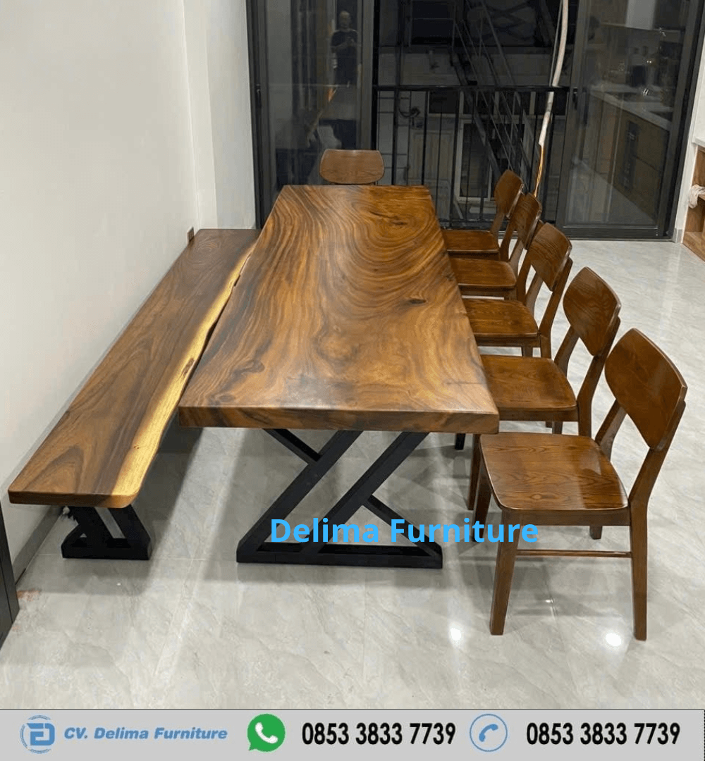 Meja Makan Panjang Kayu Trembesi Kursi Bench Minimalis