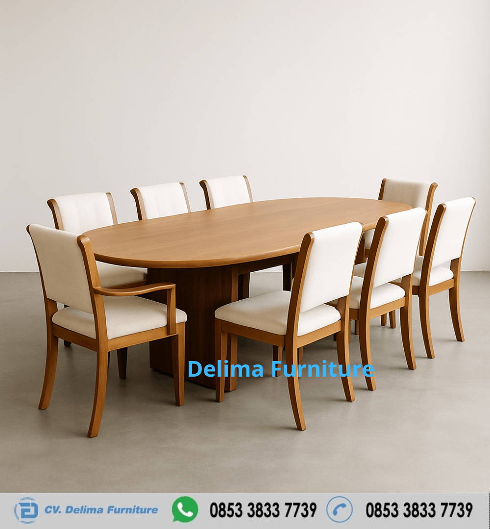 Set Meja Makan Kayu Jati 8 Kursi Jok Putih