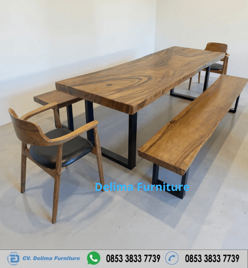 Set Meja Makan Kayu Solid dengan Kursi dan Bangku Minimalis