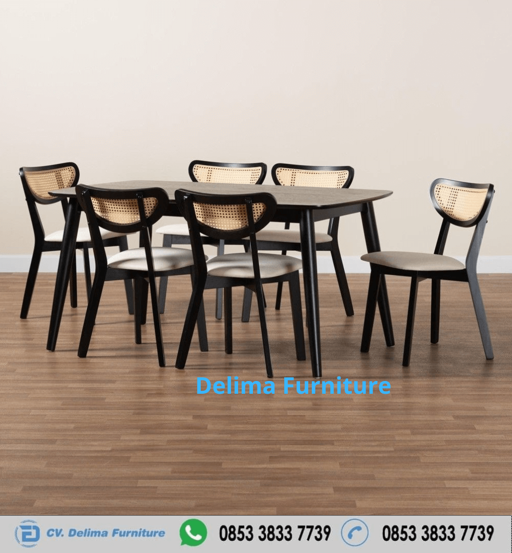 Set Meja Makan Minimalis Harga Murah Kayu Jati 6 Kursi Rotan