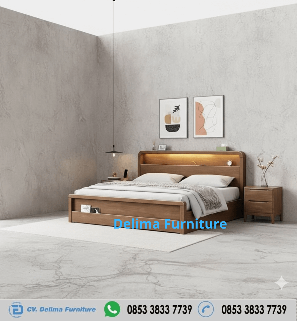 Tempat Tidur Minimalis Modern Kayu Jati Rak Lampu