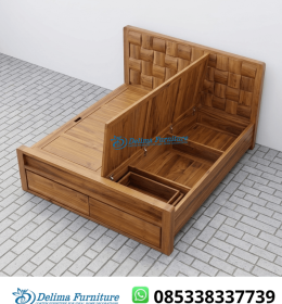 Tempat Tidur Jati Solid Storage Buka Angkat 2 Laci