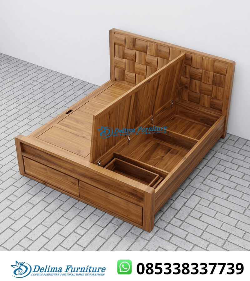Tempat Tidur Jati Solid Storage Buka Angkat 2 Laci