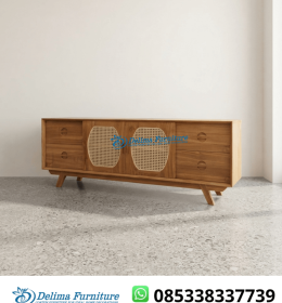 Meja TV Kayu Jati Solid Pintu Geser Rotan Modern