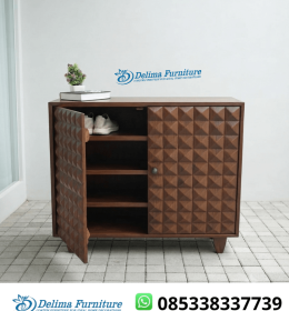 Lemari Sepatu Jati Solid Ukir Piramid Walnut Modern