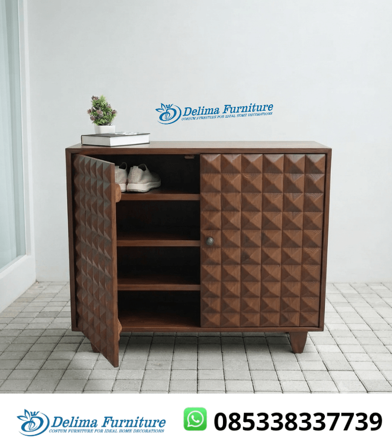 Lemari Sepatu Jati Solid Ukir Piramid Walnut Modern