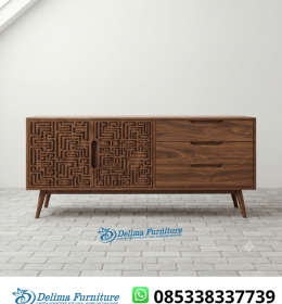 Sideboard Jati Solid Ukir Labirin Geometric Walnut