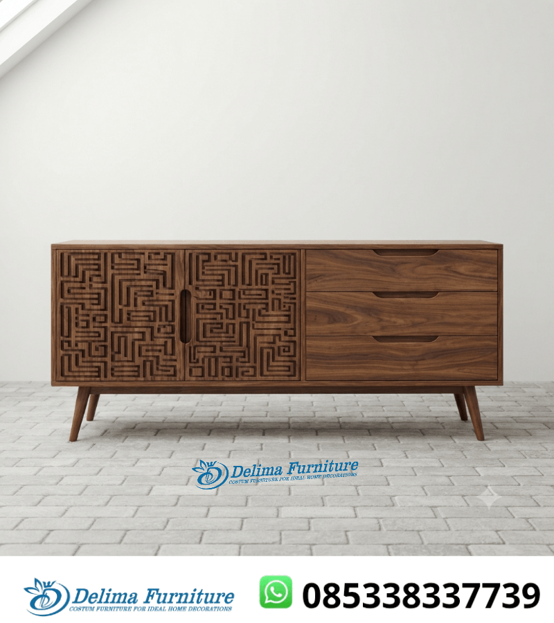 Sideboard Jati Solid Ukir Labirin Geometric Walnut