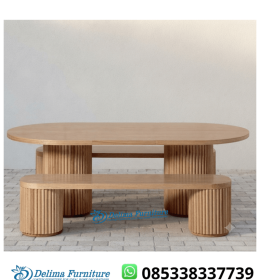 Meja Makan Jati Oval 2 Bench Salur Japandi Modern