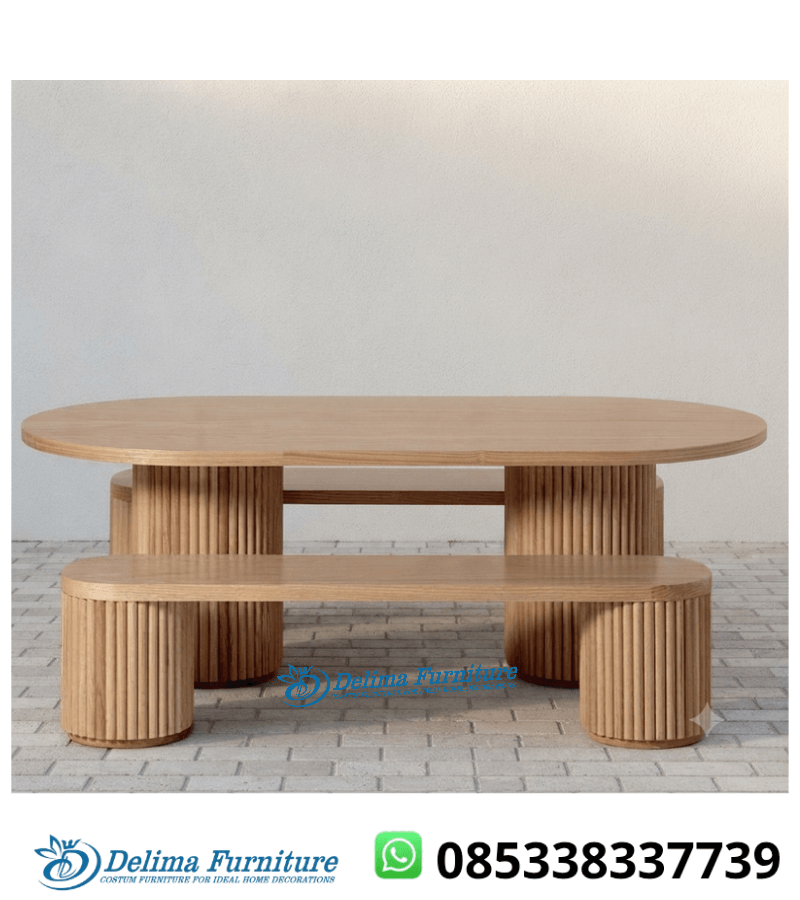 Meja Makan Jati Oval 2 Bench Salur Japandi Modern
