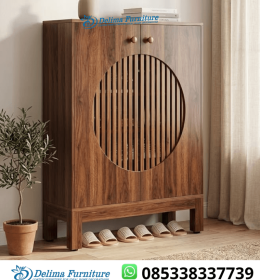 Lemari Sepatu Jati Bulat 2 Pintu Kisi Lingkaran Walnut Minimalis