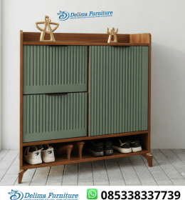 Lemari Sepatu Jati 3 Pintu Salur Fluted Sage Green Walnut Minimalis