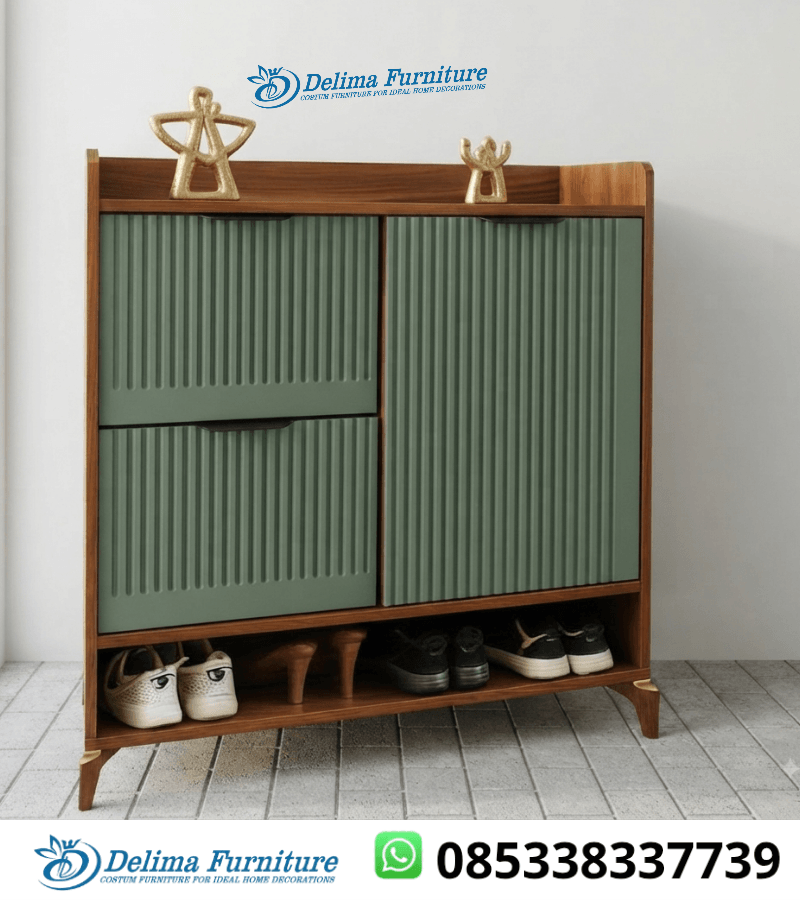 Lemari Sepatu Jati 3 Pintu Salur Fluted Sage Green Walnut Minimalis