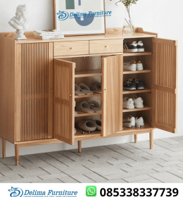 Rak Sepatu Jati Bleached 3 Pintu Kisi Salur Natural Japandi