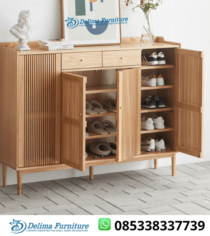 Rak Sepatu Jati Bleached 3 Pintu Kisi Salur Natural Japandi