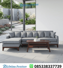 Sofa L Minimalis 5 Dudukan Jati Kain Abu Modern