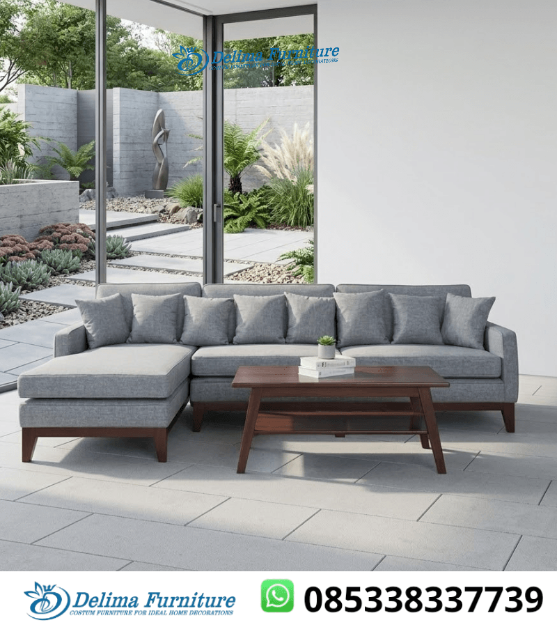 Sofa L Minimalis 5 Dudukan Jati Kain Abu Modern