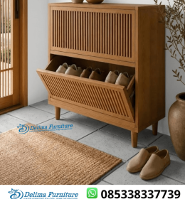 Rak Sepatu Jati Jungkit 2 Pintu Salur Minimalis Modern