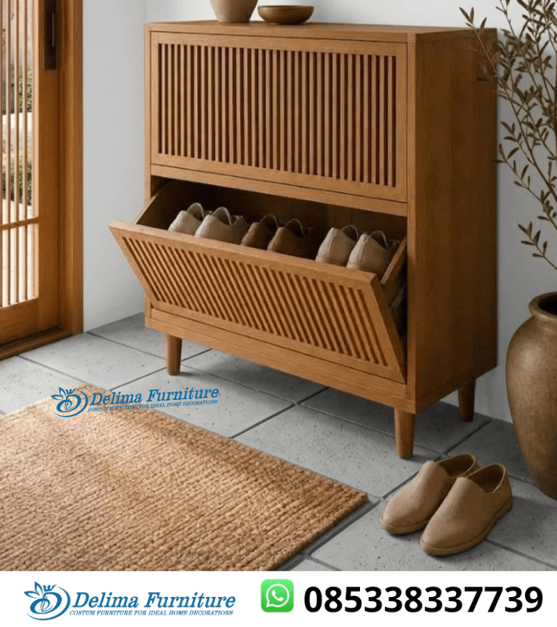 Rak Sepatu Jati Jungkit 2 Pintu Salur Minimalis Modern